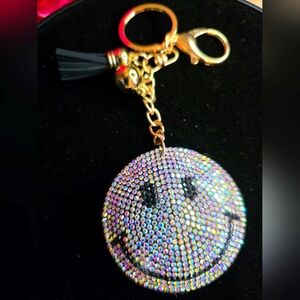 Sparkly Smiley Face Rhinestone Handbag Charm - Keychain